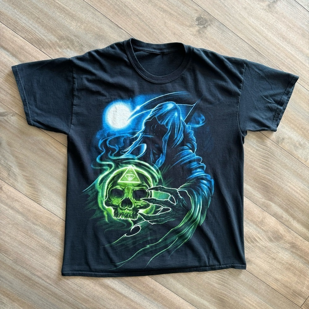Vintage Y2K Skull Neon Grim Reaper illuminati Men’s Shirt Size Large Black